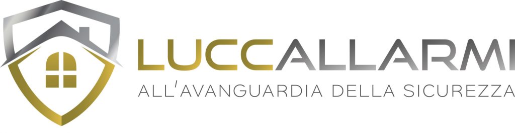 Logo di Luccallarmi con scudo e finestra, slogan "All'avanguardia della sicurezza".