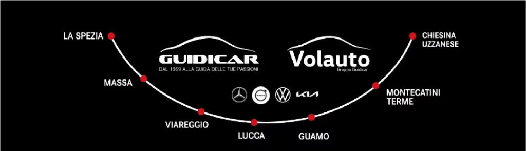 Banner Guidicar e Volauto con mappa delle sedi in Toscana e loghi Mercedes, Fiat, Volkswagen e Kia.