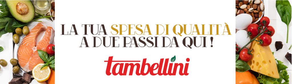 Banner Tambellini con cibi freschi e di qualità come salmone, avocado, formaggio e verdure