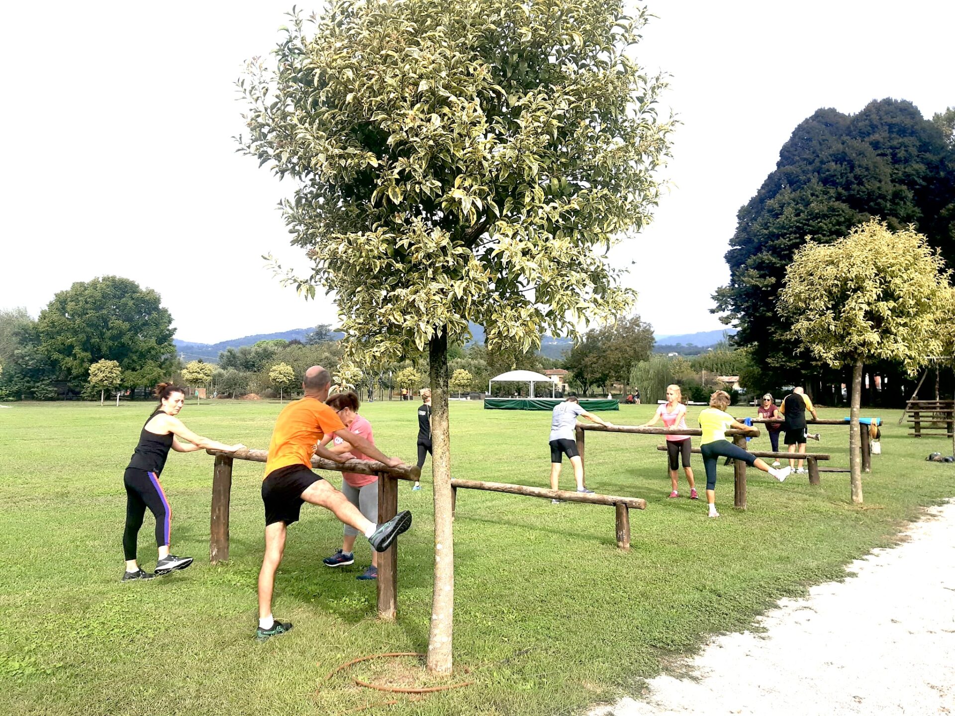 Gruppo di persone che svolge esercizi all'aperto in un parco.