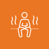 Stylized icon of a person sitting with steam on an orange background, a symbol of relaxation in the steam bath